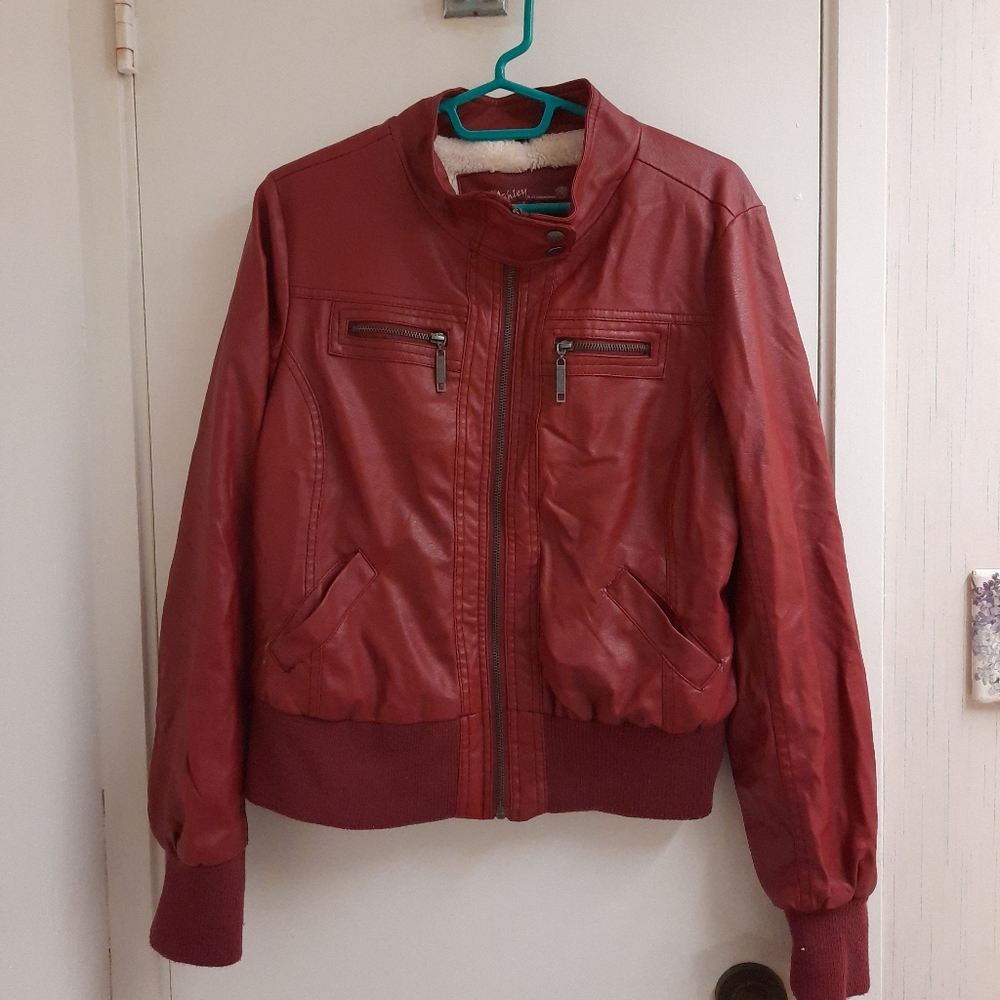Red/Maroon Faux LeatherJacket with Fake Fur